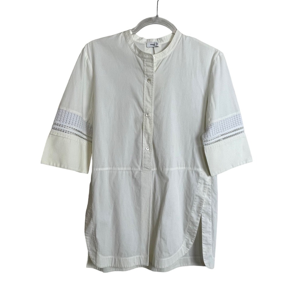 Vince Button Mid Placket Popover Tunic Top 3/4 Sleeve Lace Cut Out ‎ Size XS